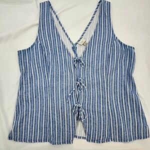 Blue‎ White Stripe Womens Tie Front Sleeveless Top Size L Beachy Linen Blend